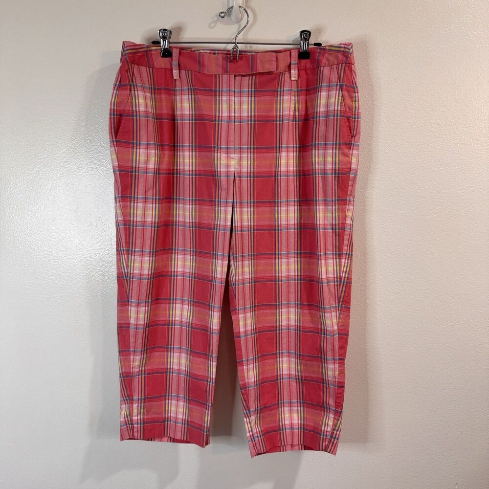 Talbots Pants 14W Cropped Capri Pink Yellow Plaid Tailored Fit Stretch Preppy